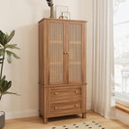 64" Tall Pantry Cabinet, Rattan Doors, 2 Drawers, Adjustable Shelves, Anti-Tip Design, Hard Wood, Walnut Finish for Kitchen, Dining, Living Room