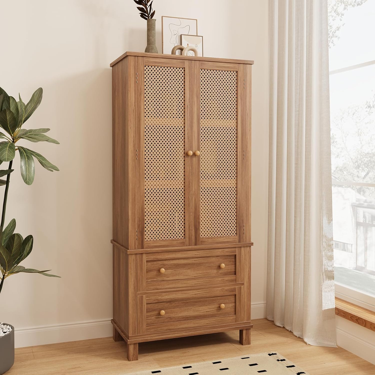 64" Tall Pantry Cabinet, Rattan Doors, 2 Drawers, Adjustable Shelves, Anti-Tip Design, Hard Wood, Walnut Finish for Kitchen, Dining, Living Room