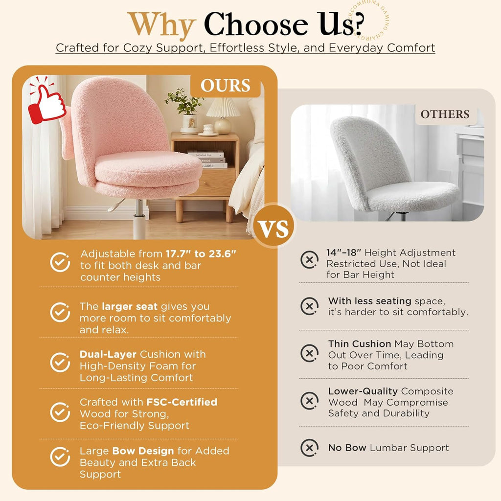 COMHOMA Vanity Chair with Wheels Velvet Tall Office Chair with Back,Armless Desk Chair Comfy Height Adjustable, Soft Lumbar Support for Girls Bedroom Home Vanity Bow Pillow for Gift Pink