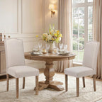 Upholstered Dining Chair Modern Stylish Parsons Kitchen Diner High Back with Silver Nailhead Trim & Wood Legs, Set of 4, Fabric Beige