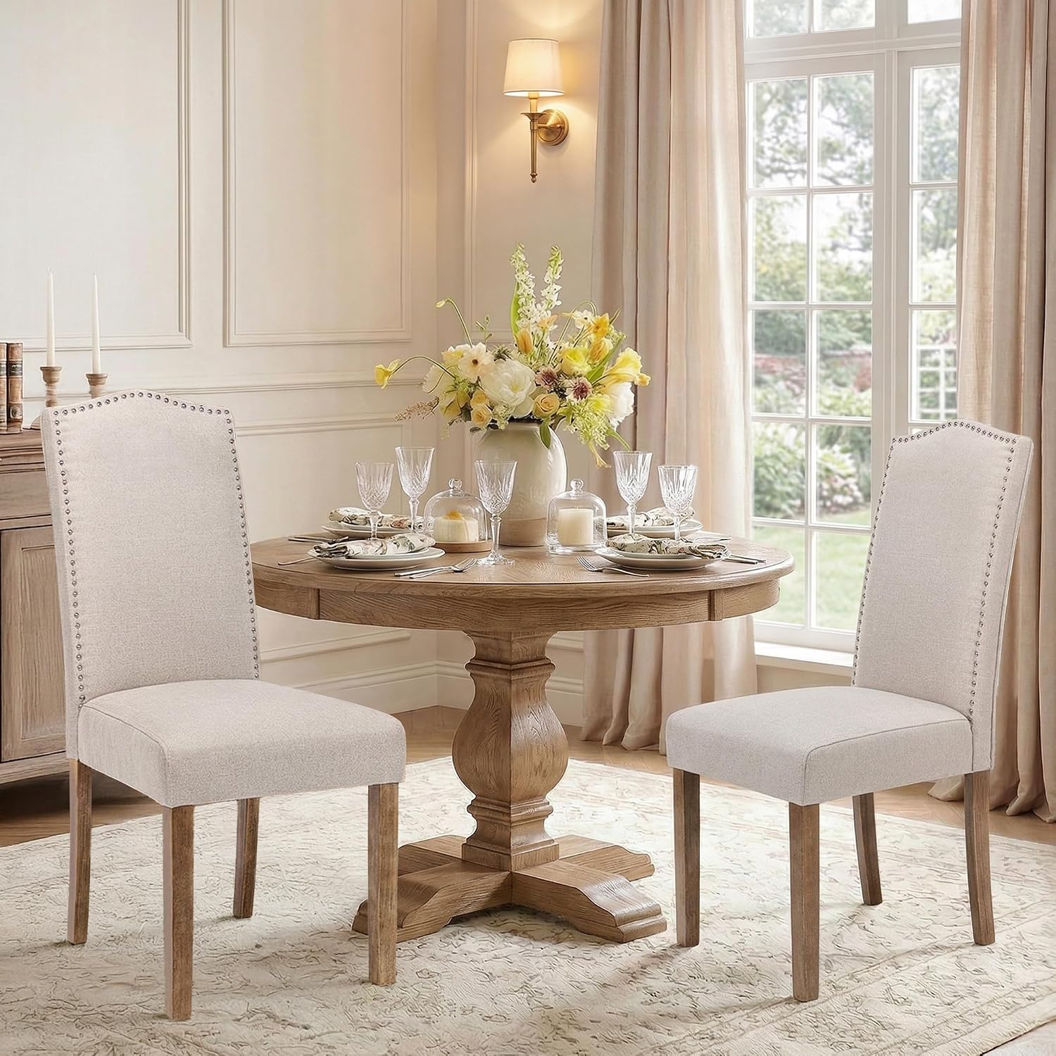 Upholstered Dining Chair Modern Stylish Parsons Kitchen Diner High Back with Silver Nailhead Trim & Wood Legs, Set of 4, Fabric Beige