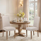 Upholstered Dining Chair Modern Stylish Parsons Kitchen Diner High Back with Silver Nailhead Trim & Wood Legs, Set of 4, Fabric Beige