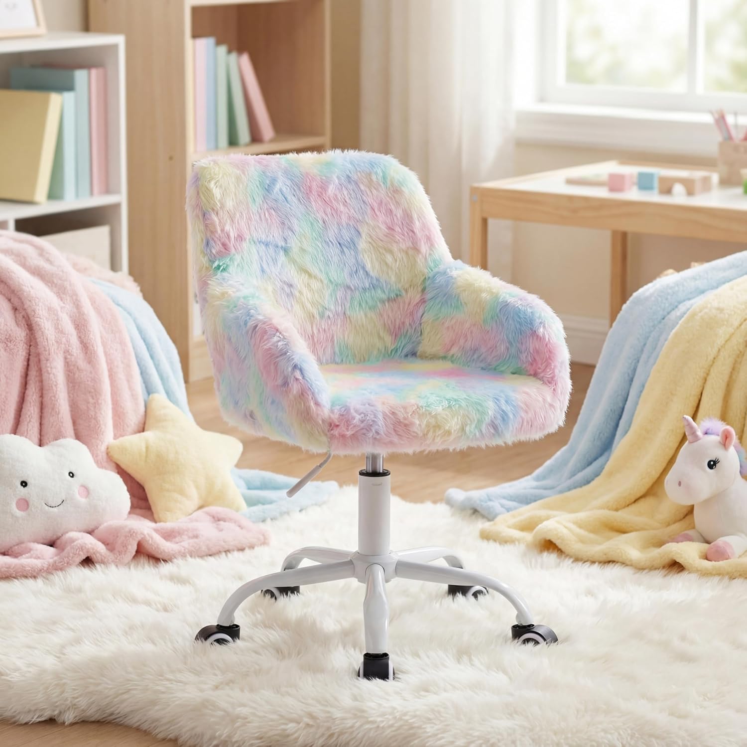 LukeAlon Kids Adjustable Desk Chair, Furry Study Chair with Swivel Base, Cute Faux Fur Reading Chair, Comfy Upholstered Computer Chair with Arms for Girls Children, Light Colorful