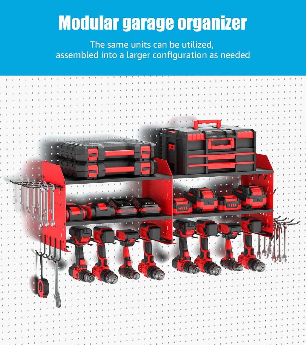 CCCEI Pack of 2 Modular Power Tools Organizer, Drills and Battery Storage Wall Mount, Garage Shop Organization, Anniversary, Birthday, Gifts for Men, Father, Red.