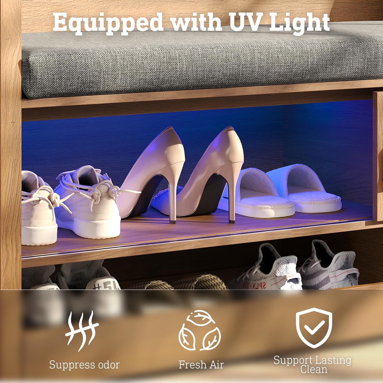 STO'SENSE Shoe Bench with UV Light, 2-Tiers Entryway Bench with Cushion, Sliding Doors & 2 Pop-Out Drawers for Bedroom, Closet, Living Room, Hallway