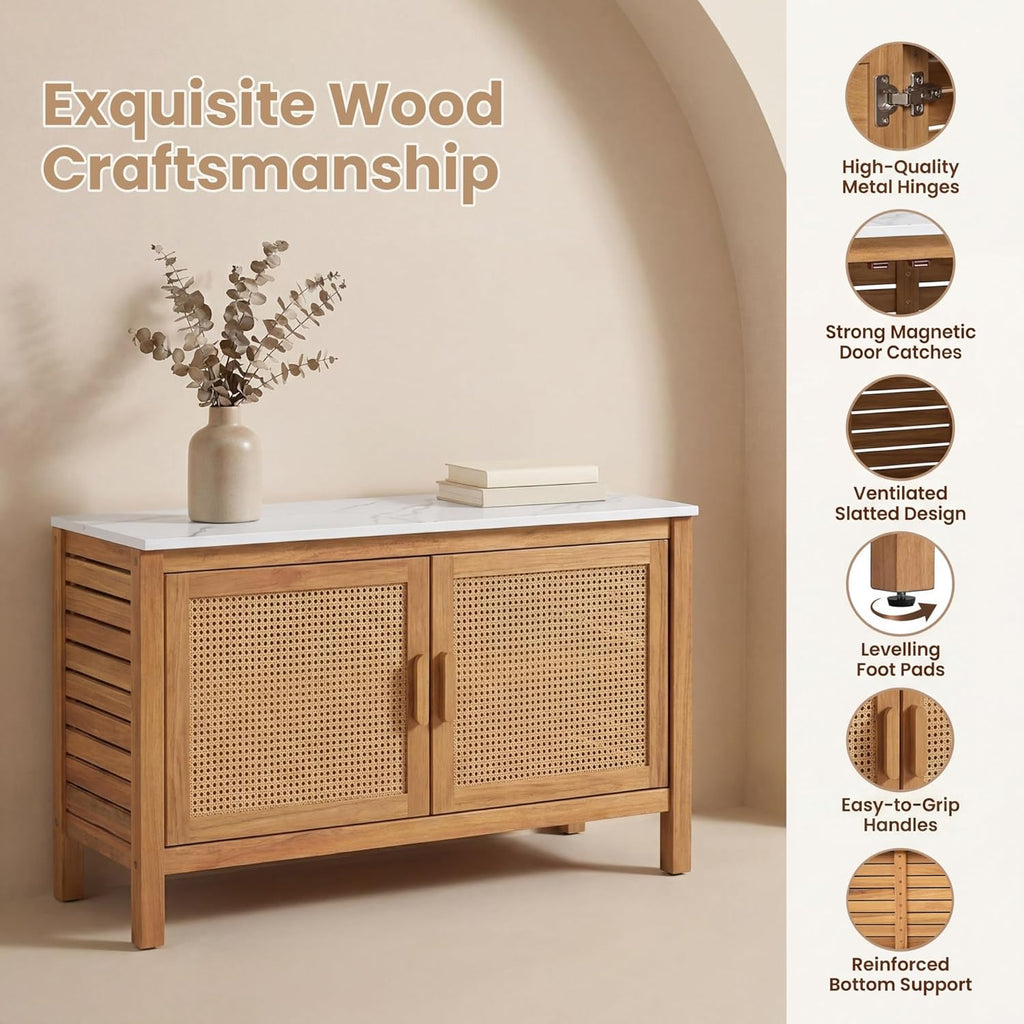 Giantex Acacia Wood Outdoor Cabinet, Storage Cabinet w/Faux Marble Top, Rattan Doors, Interior Shelves & Compartment, Buffet Cabinet, Functional Potting Table for Garden, Patio, Backyard
