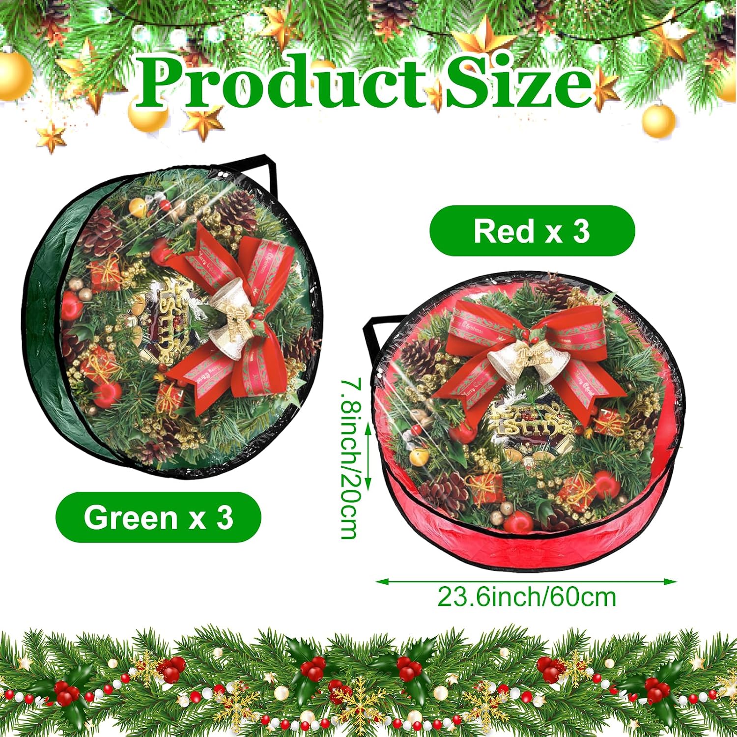 6 Pcs Christmas Wreath Storage Bag, 24" Dia Round Wreath Storage Container with Clear Window, Tear Resistant Wreath Boxes for Christmas Holiday Seasonal Storage (Red×3 ＆ Green×3)