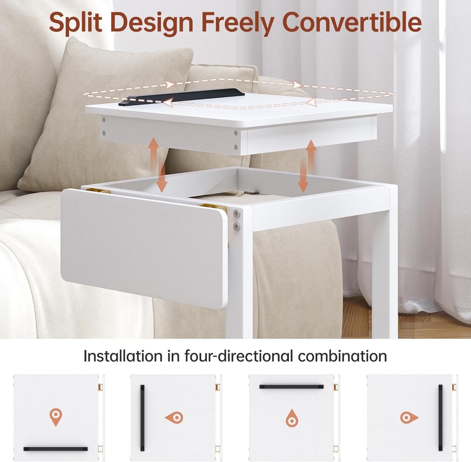 OtterOasis C Shaped End Table, Rolling Side Table with 4-Way Convertible Desktop, Wooden C Table with Multi-Functional Folding Tray & Small Chair, Side Table for Couch, Living Room, Bedroom, White