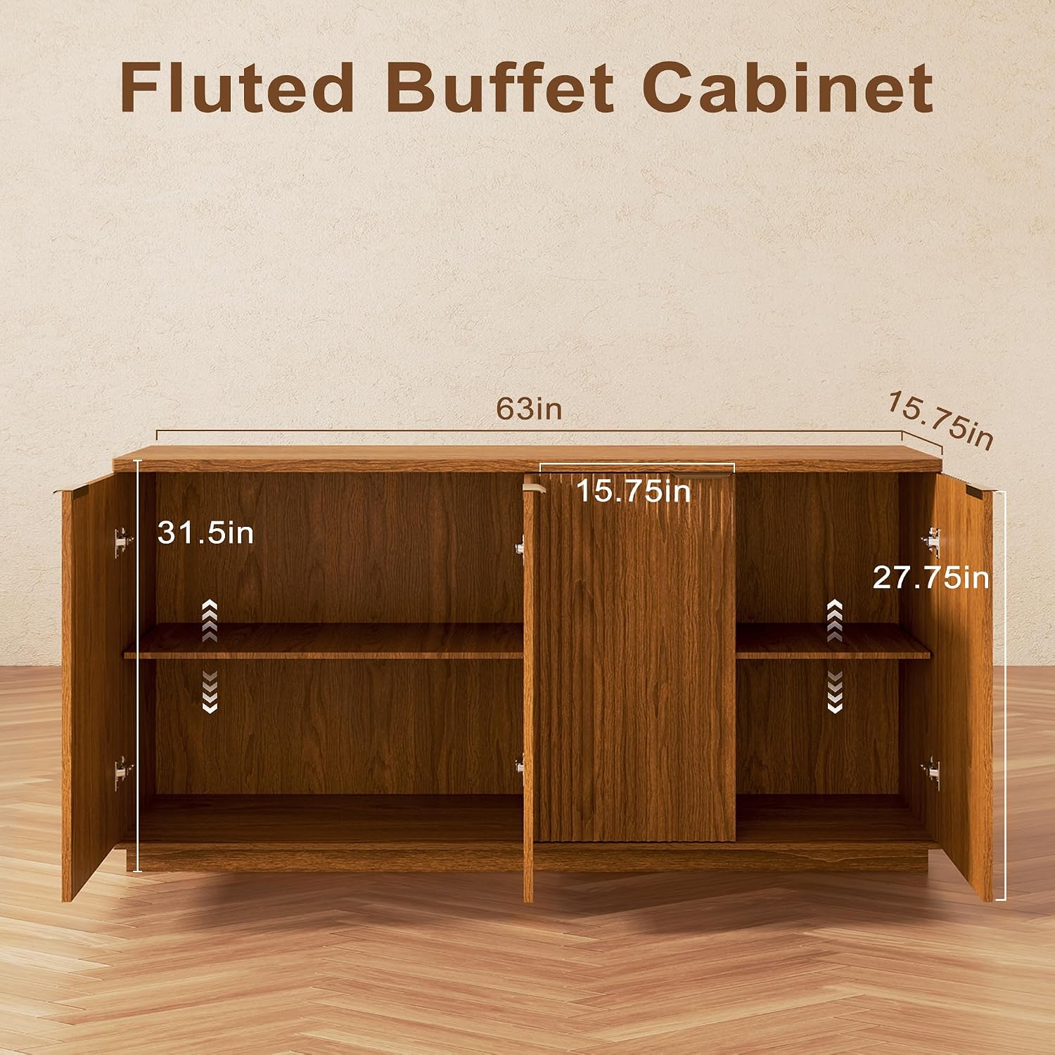 Fluted Sideboard Buffet Cabinet, 63" Wooden Credenza Storage Cabinet with 4 Doors and Adjustable Shelves, Fluted Sideboard Cabinet for Kitchen, Living Room, Brown