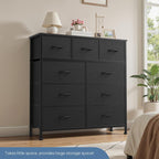DUMOS 9 Drawer Dresser for Bedroom, Chest of Drawers | Fabric Storage Organizer, Sturdy Metal Frame Wooden Top, Closet Entryway Guest Room, Matte Black
