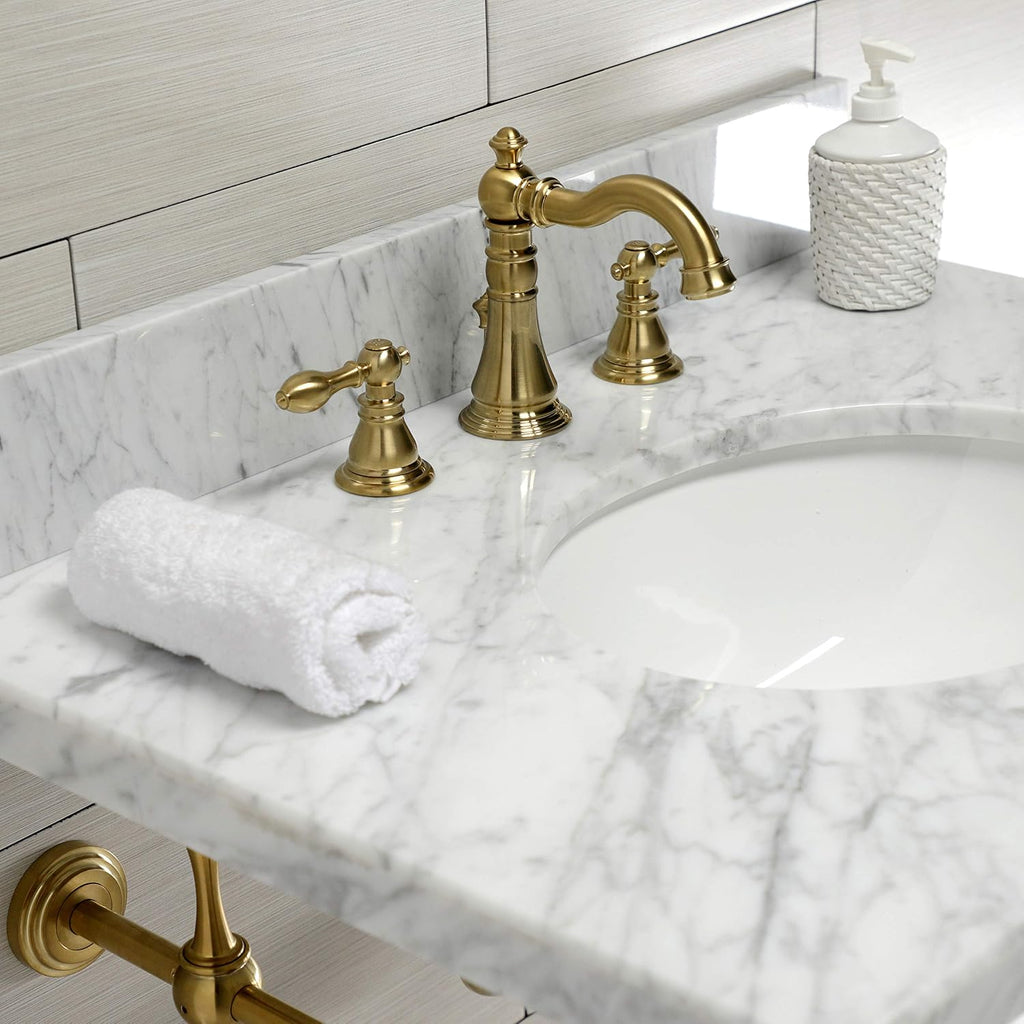 Kingston Brass KVPB3022M87 Edwardian 30" Console Sink with Brass Legs (8-Inch, 3 Hole), Marble White/Brushed Brass