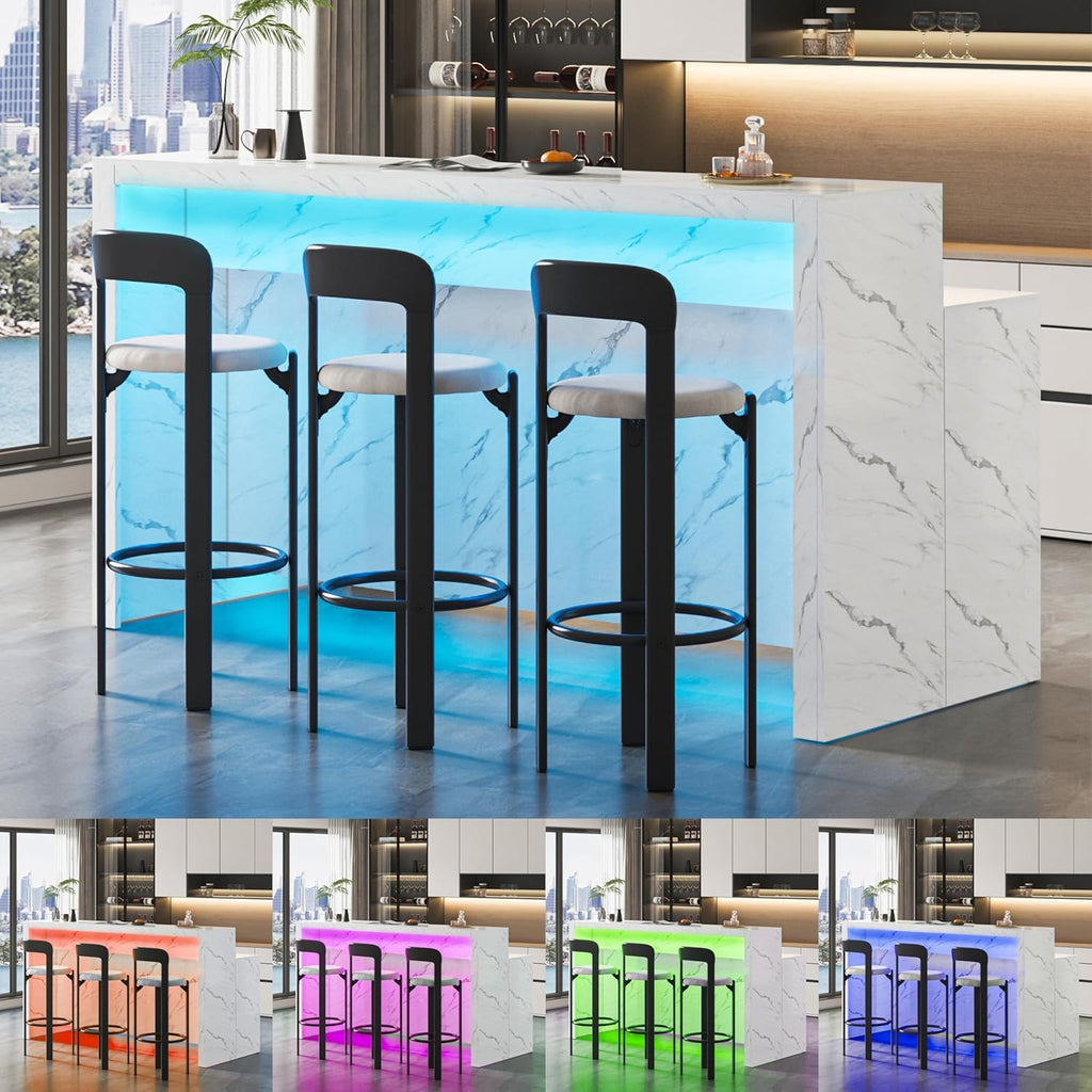 71" Large Faux Marble Dining Table with LED Lights, Modern Rectangle Kitchen Island Table with Charging Station for 6 People, Home Bar Unit with 2-Tier Shelf for Dining Room, Bar, Living Room, White