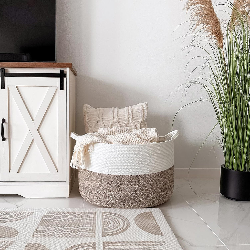 INDRESSME XXXLarge Blanket Basket for Living Room 21.7" x 21.7" x 13.8"-Storage Basket with Handle for Organizing Toy Pillows Woven Cotton Rope Laundry Basket Stuffed Animal Toy Storage for Play Room