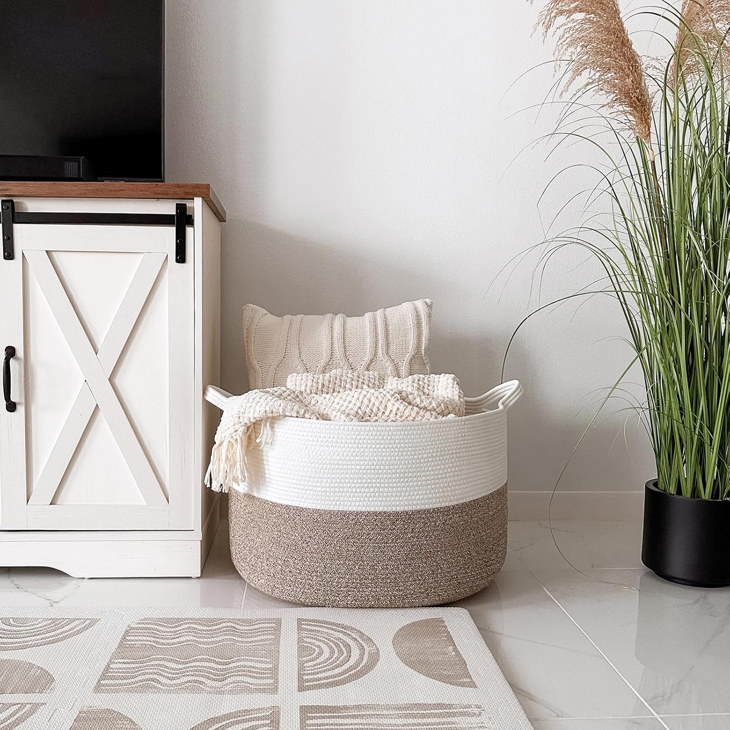 INDRESSME XXXLarge Blanket Basket for Living Room 21.7" x 21.7" x 13.8"-Storage Basket with Handle for Organizing Toy Pillows Woven Cotton Rope Laundry Basket Stuffed Animal Toy Storage for Play Room