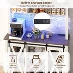 47"Wide 56"H Farmhouse Coffee Bar Cabinet with Power Outlet and LED Light,Wine Bar Cabinet w/3 Storage Hutch,Kitchen Buffet Cabinet with 10 Wine and Glass Racks for Kitchen Dining Room(Antique White)