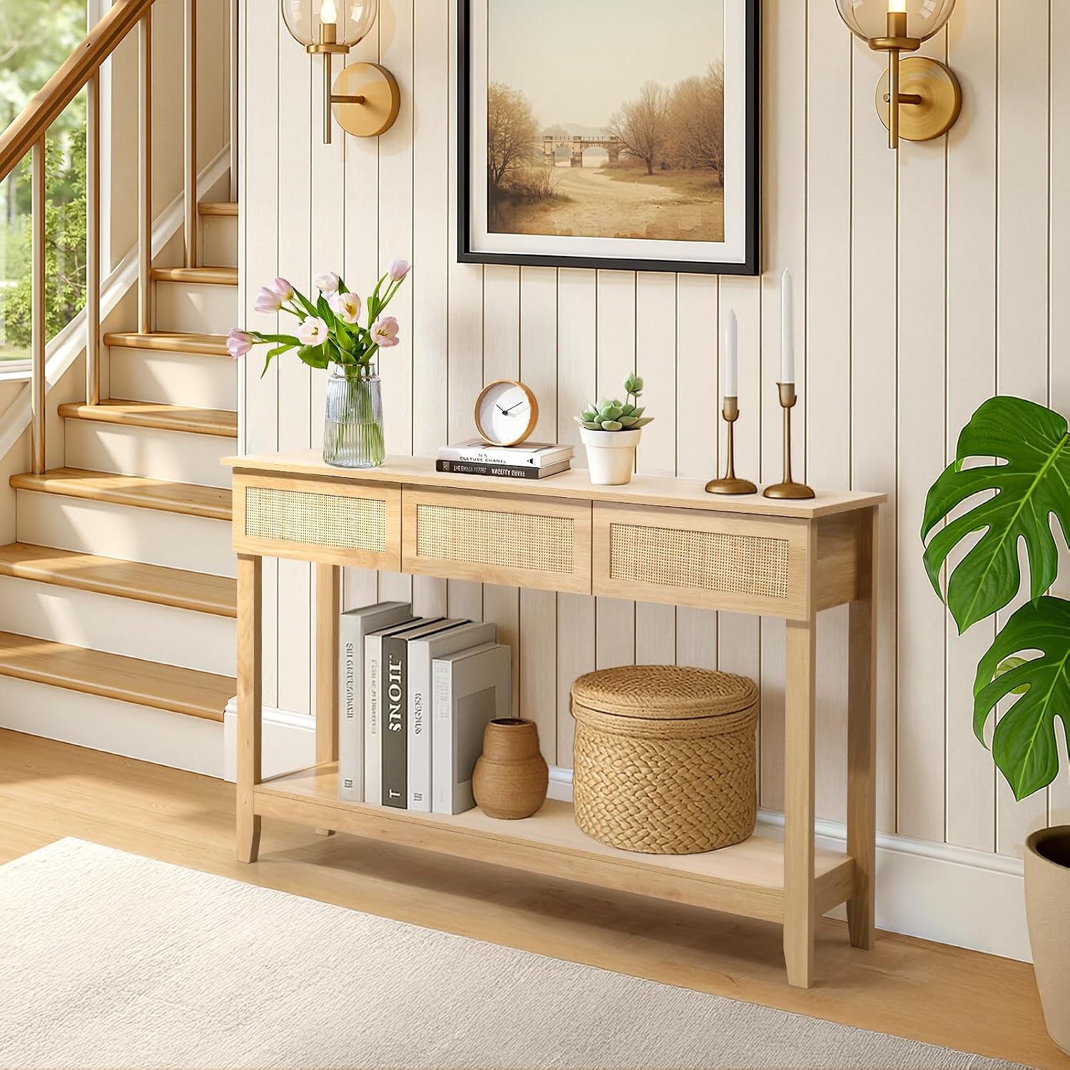 Karl home 51"Console Table w/3 Rattan Drawers & Storage Shelf, Natural Wood | Boho sofa table with 13.1"W rattan drawers,storage shelf,living room and hallway use, natural wood look