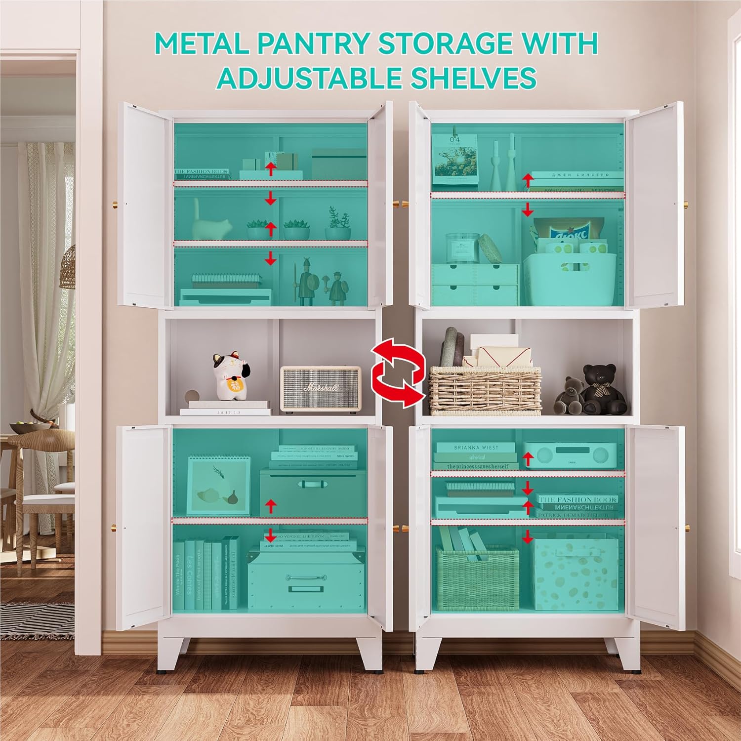 69" H Metal Pantry Cabinet with Open Shelf,13.78“Deep By 28" Wide Storage Cabinet with Doors and Adjustable Shelves,Microwave Stand,for Kitchen Dining Room Bathroom,White 1Pc