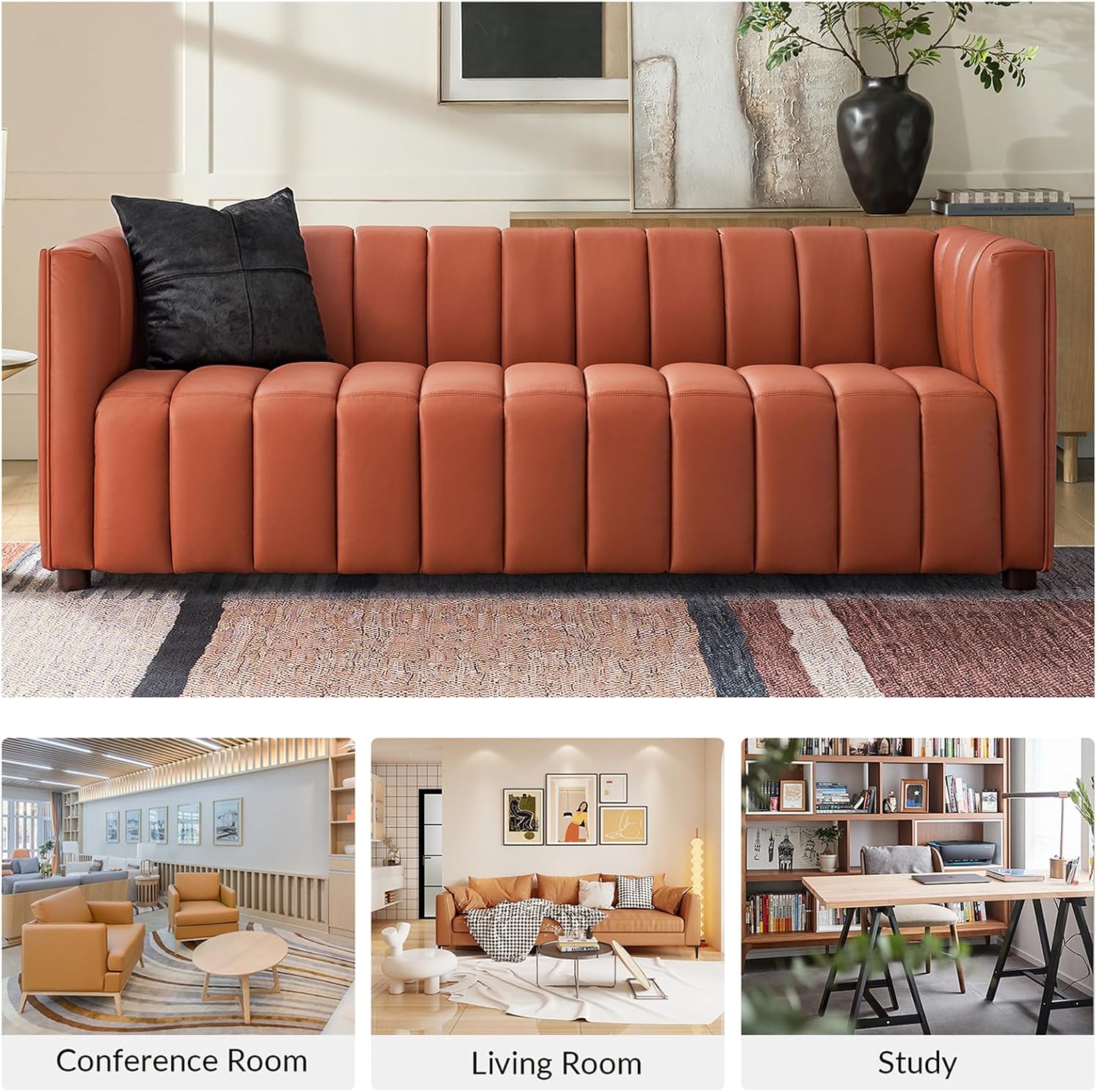 HULALA HOME 83" Genuine Leather Sofa with Channel Tufted Design, 3-Seater Sofa for Living Room Bedroom, Modern Oversized Couch with Wood Legs, Brick