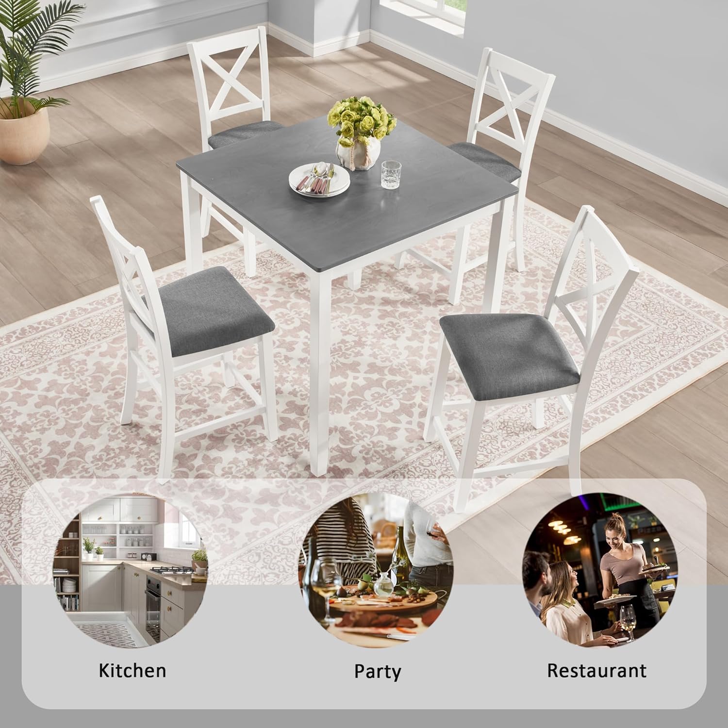 LUMISOL 5-Piece Counter Height Dining Set, Wooden Square Table with 4 Chairs, Space-Saving 4-Person Dining Table Set for Small Kitchen Dining Room, Grey + White