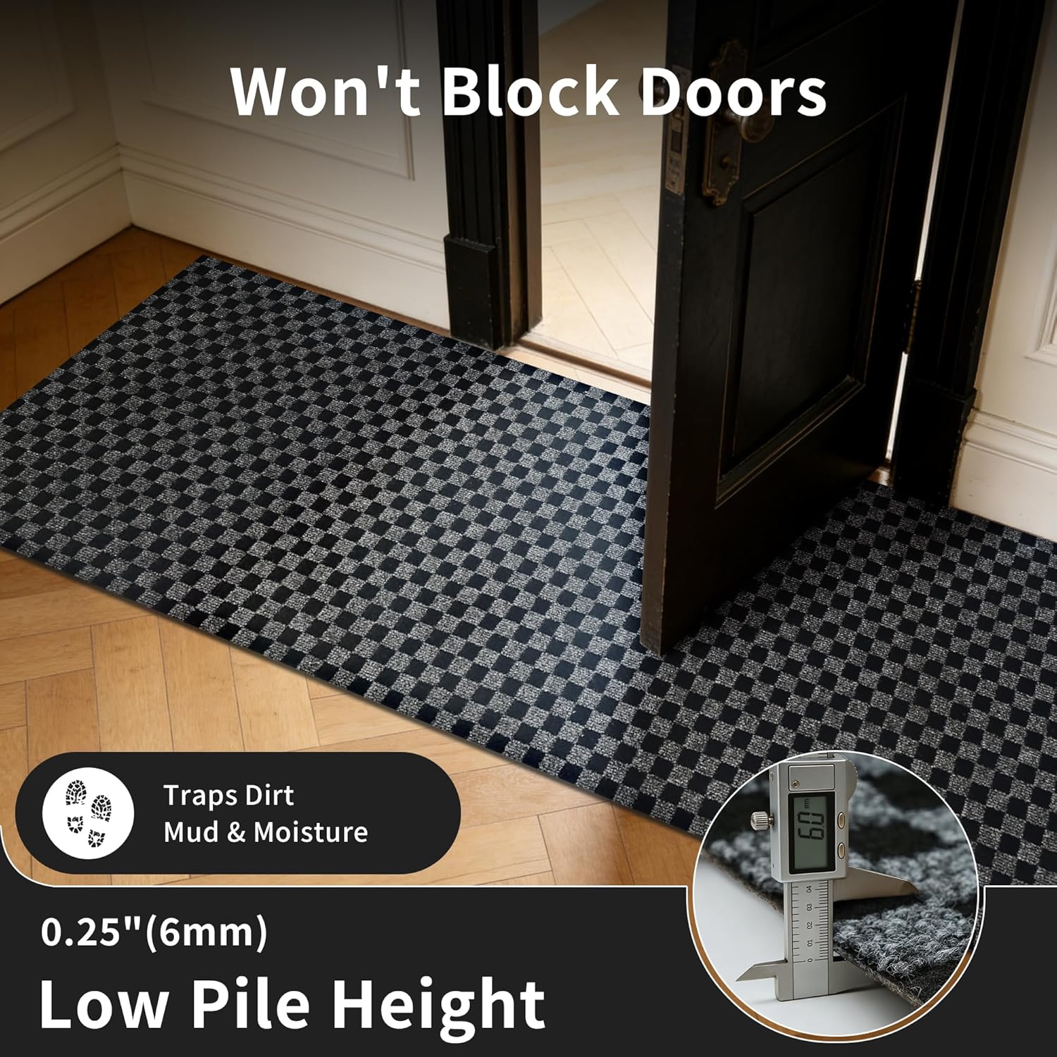 2ft x 6ft Runner Rug, Non Slip Indoor Outdoor Rugs, Waterproof Low Profile Carpet Runners for Hallway Entryway Kitchen Garage Patio Balcony, Custom, Grey Checkered