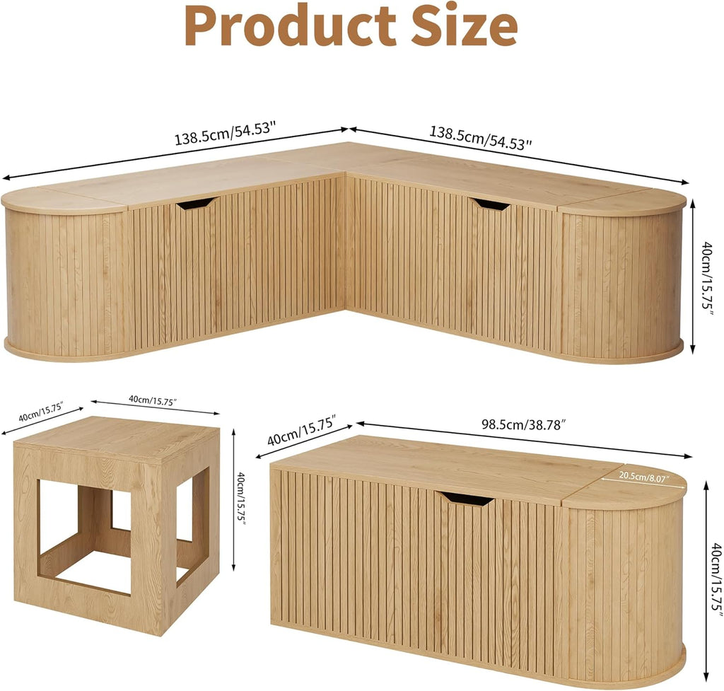 L Shaped Storage Bench with Cushion, Mid Century Modern Corner Dining Bench, Wooden Window Breakfast Nook Bench for Dining Room, Entryway, Living Room, Cloakroom, Wood, Oak