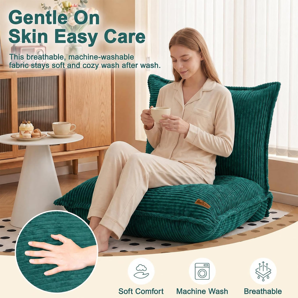 L-Shaped Oversized Bean Bag Chair, Fluffy Memory Foam Beanbag with Corduroy Fabric for Adults Teens Kids, Lightweight Lounge Floor Sofa Chair for Living Room Bedroom - Green