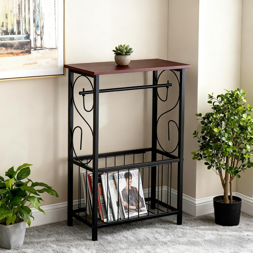 PARISLOFT Bathroom Narrow Side Table Organizer,Toilet Paper Holder Stand with Roll Dispenser & Magazine Rack, Metal Frame with Wood Top for Bathroom Organization, Coffee Color