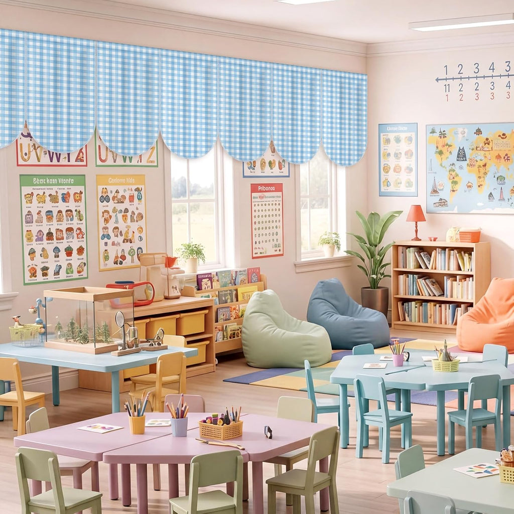 Irenare 8 Pcs Blue Check Plaid School Classroom Curtains Back to Classroom Colorful Curtains for Sunset Soiree Party Decorations Sunset Kindergarten Daycare Primary Bedroom Playroom Room Decor