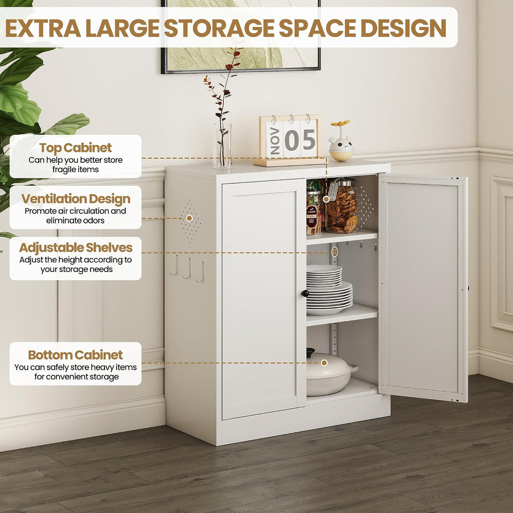 Kitchen Pantry Storage Cabinet, 34" H Storage Cabinet with Doors and Adjustable Shelves, Small Cupboard with Round Handles, Metal Kitchen Cabinet for Dining Room, Living Room, White