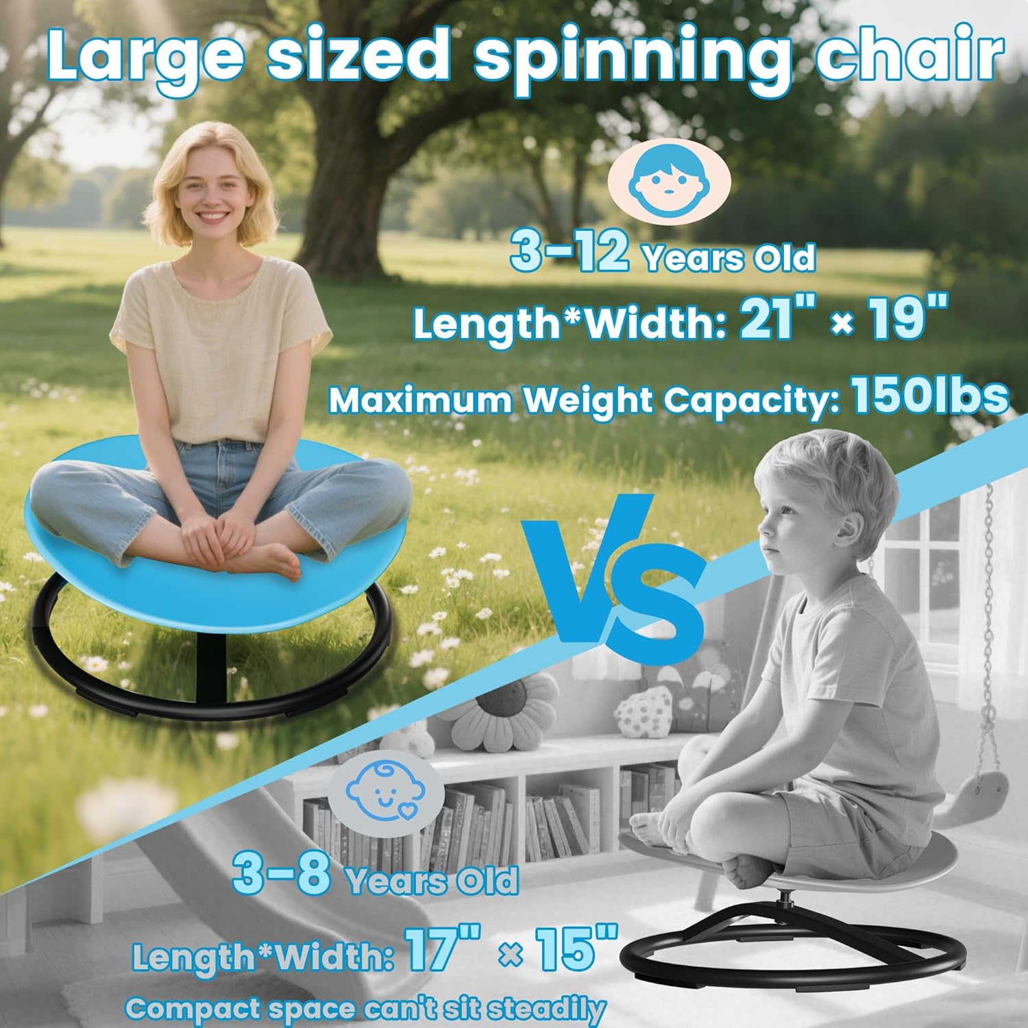 Pterying 21" L × 19" W Large Size Spinning Chair for Autistic Kids, Autism Sensory Products, Sensory Toys Gifts for Kids with Autism & ADHD, Training Body Coordination, Azure Rounded Shape