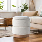 Get Set Style Round Ottoman with Storage, Modern Linen Ottoman Upholstered Foot Stools with Wood Base, Vanity Stool Chair, Footrest Stool Extra Seat for Living Room Bedroom Entryway (Beige)