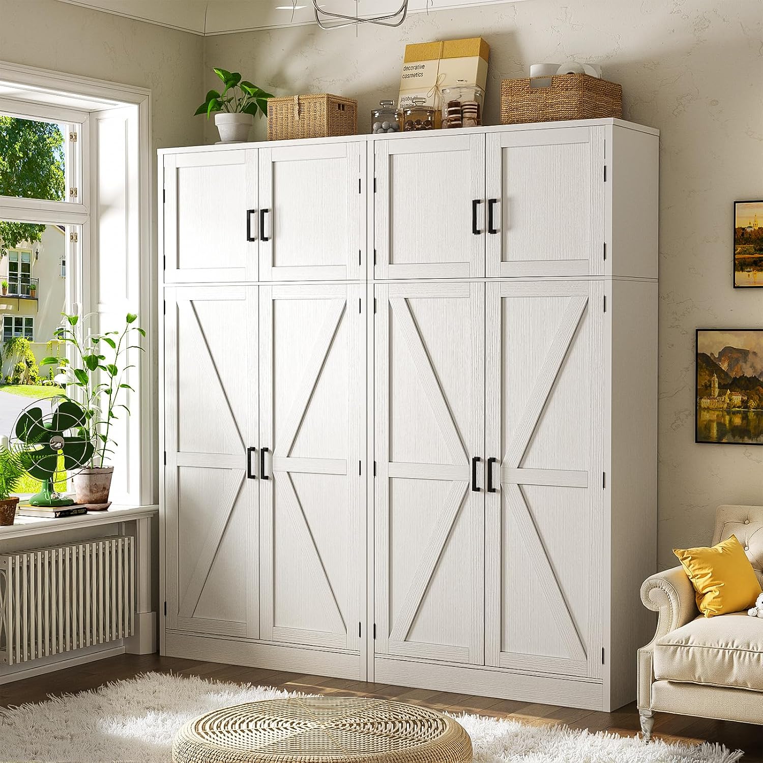 Unikito 71” Tall Storage Cabinet, Large Farmhouse Kitchen Pantry Storage Cabinet with Adjustable Shelves and Barn Doors, Versatile Storage Cupboard for Dinning Room, Bathroom, Living Room, White