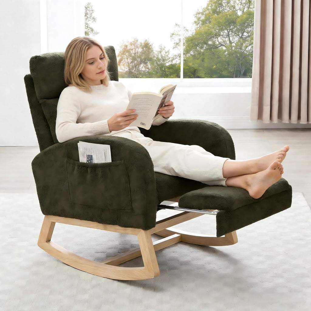 Nursery Rocking Chair, Teddy Fabric Leisure Rocking Chair with Adjustable Footstool, Thickened Headrest and High Backrest, Storage Pocket On The Right Side for Living Room Bedroom Offices, Green