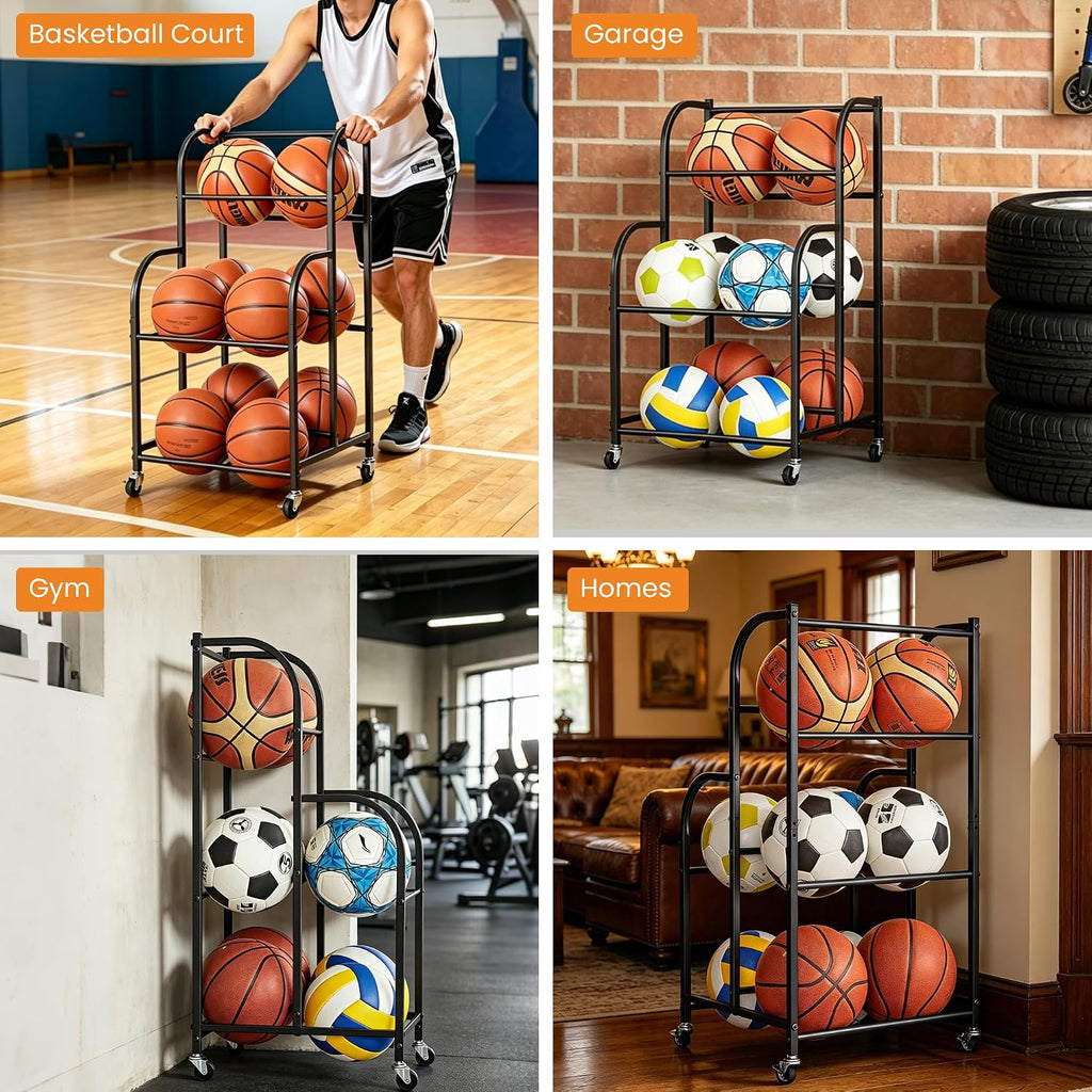 Basketball Rack with Wheels - Space-Saving Vertical Ball Storage for Basketball, Football, Soccer, Rolling Ball Rack for Garage & Outdoor, Heavy-Duty Ball Holder Organizer