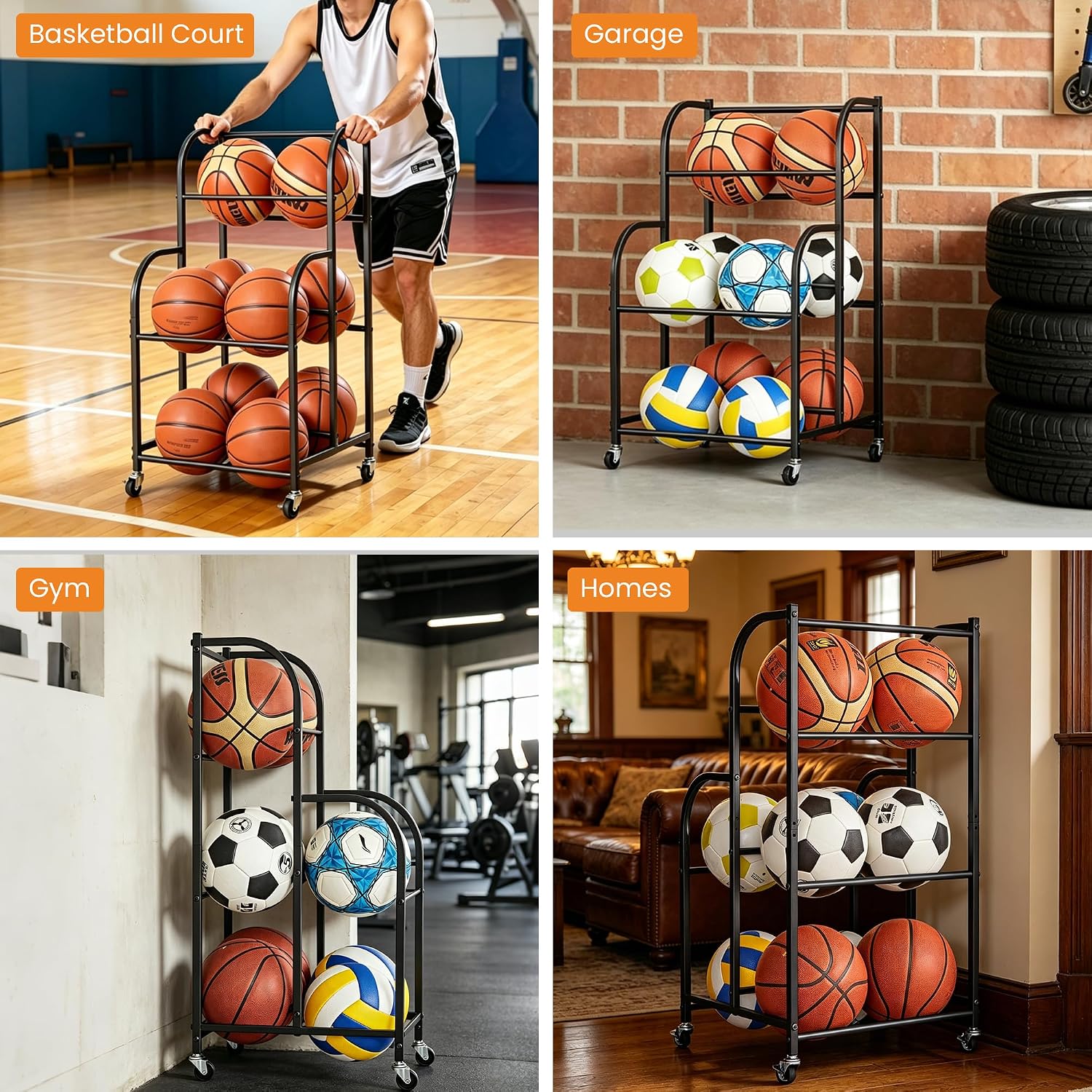 Basketball Rack with Wheels - Space-Saving Vertical Ball Storage for Basketball, Football, Soccer, Rolling Ball Rack for Garage & Outdoor, Heavy-Duty Ball Holder Organizer