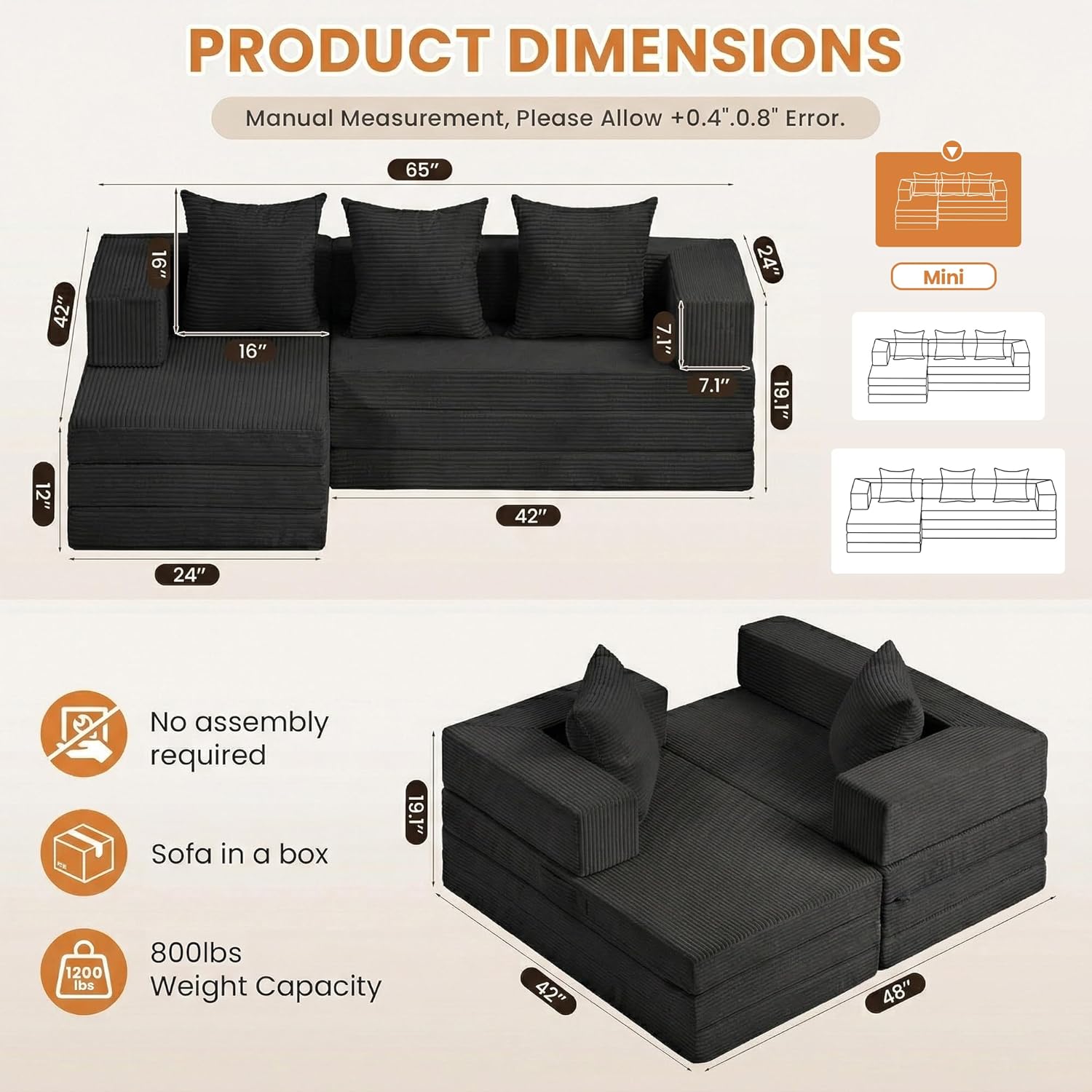 65" Boneless Couch,Convertible Sleeper Sofa Bed, Modular Sectional Sofa, Modern Tri-Folding Cloud Couch with L-Shape Chaise, Corduroy Futon Couches for Living Room Small Spaces Apartment,No Assembly