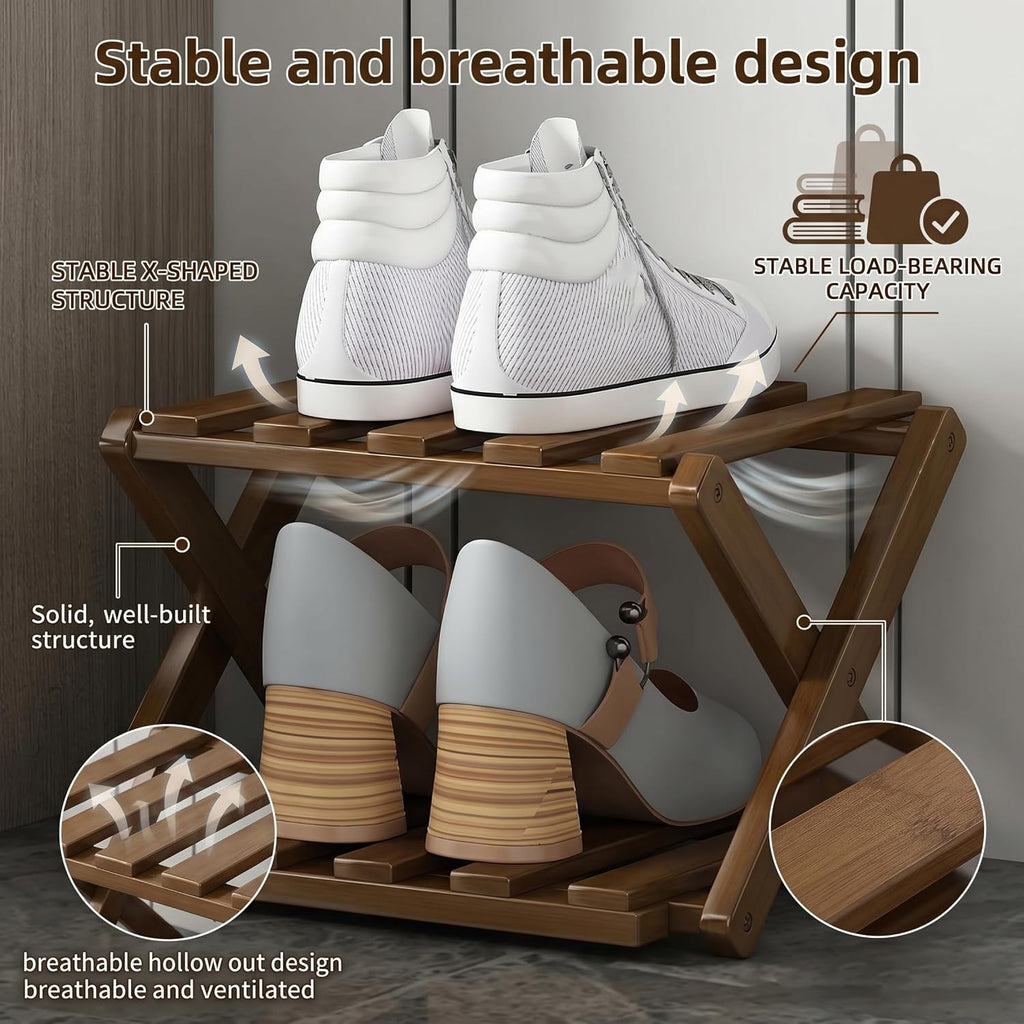 Skinny Shoe Rack, Shoe Rack Bamboo: 2 Tier Foldable Skinny Shoes Organizer, Extendable Narrow for Entryway, Closet, Brown