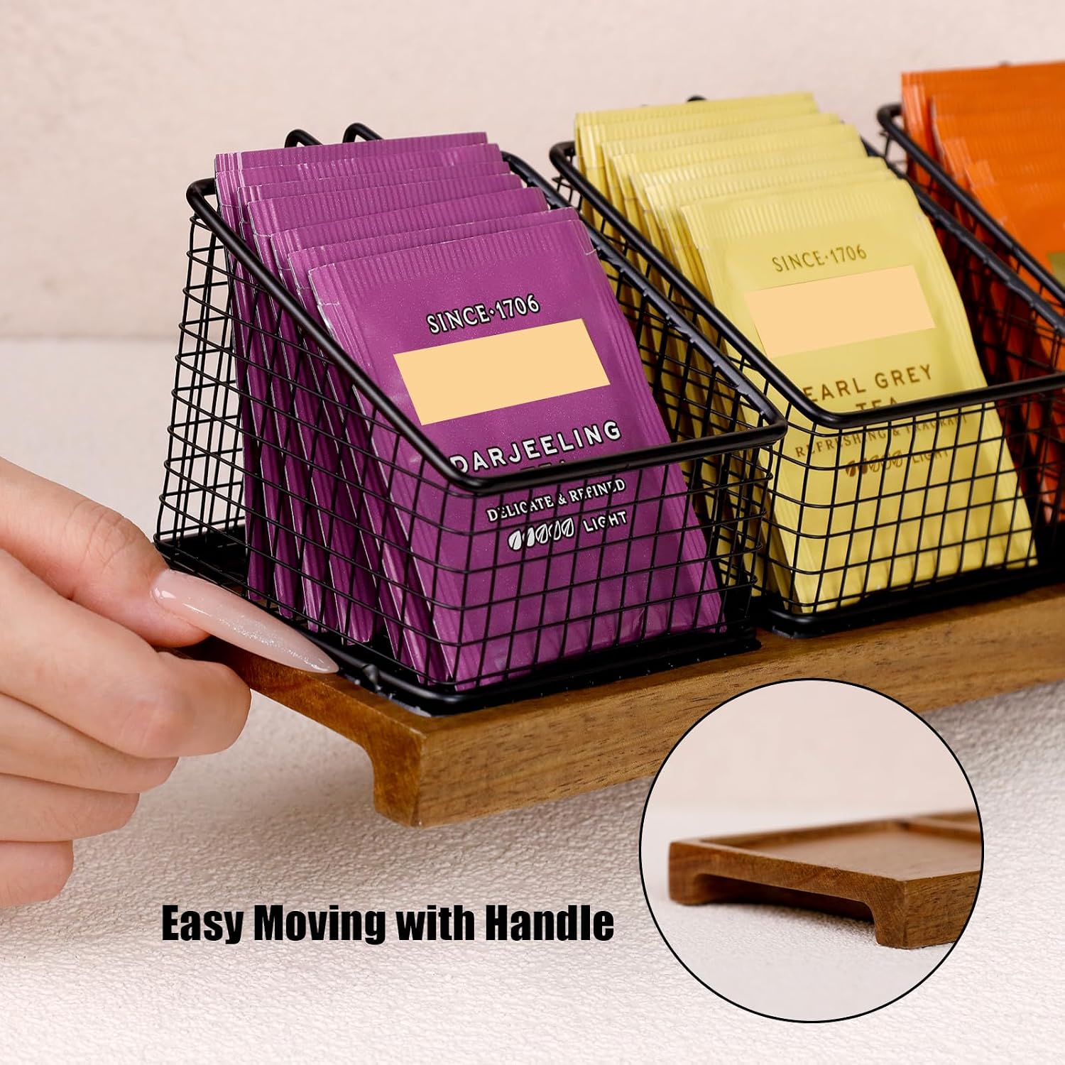 HTB Tea Organizer for Tea Bags, Tea Bag Holder with Acacia Wood Stand and 3 Removable Metal Basket for Sugar Packets, Sweeteners, Creamers for Cabinet, Countertop
