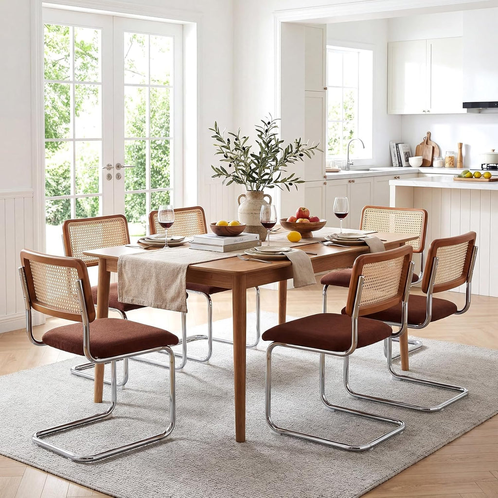 Zesthouse Rattan Dining Chairs Set of 4, Mid Century Modern Dining Room Chairs with Natural Cane Mesh & Chrome Base, Brown Cesca Chair Chenille Fabric, Farmhouse Kitchen Chair with Solid Wood Back