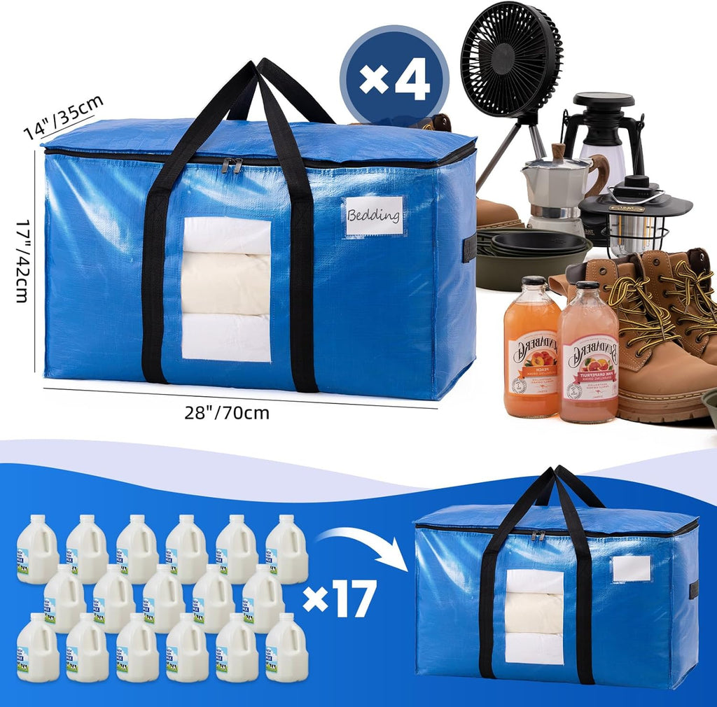 TAILI Extra Large Moving Bags, 4 Pack Blue Heavy Duty Totes For Storage with Visible Window, Wrap Around Handles, Storage Bags for Space Saving, Alternative to Moving Boxes