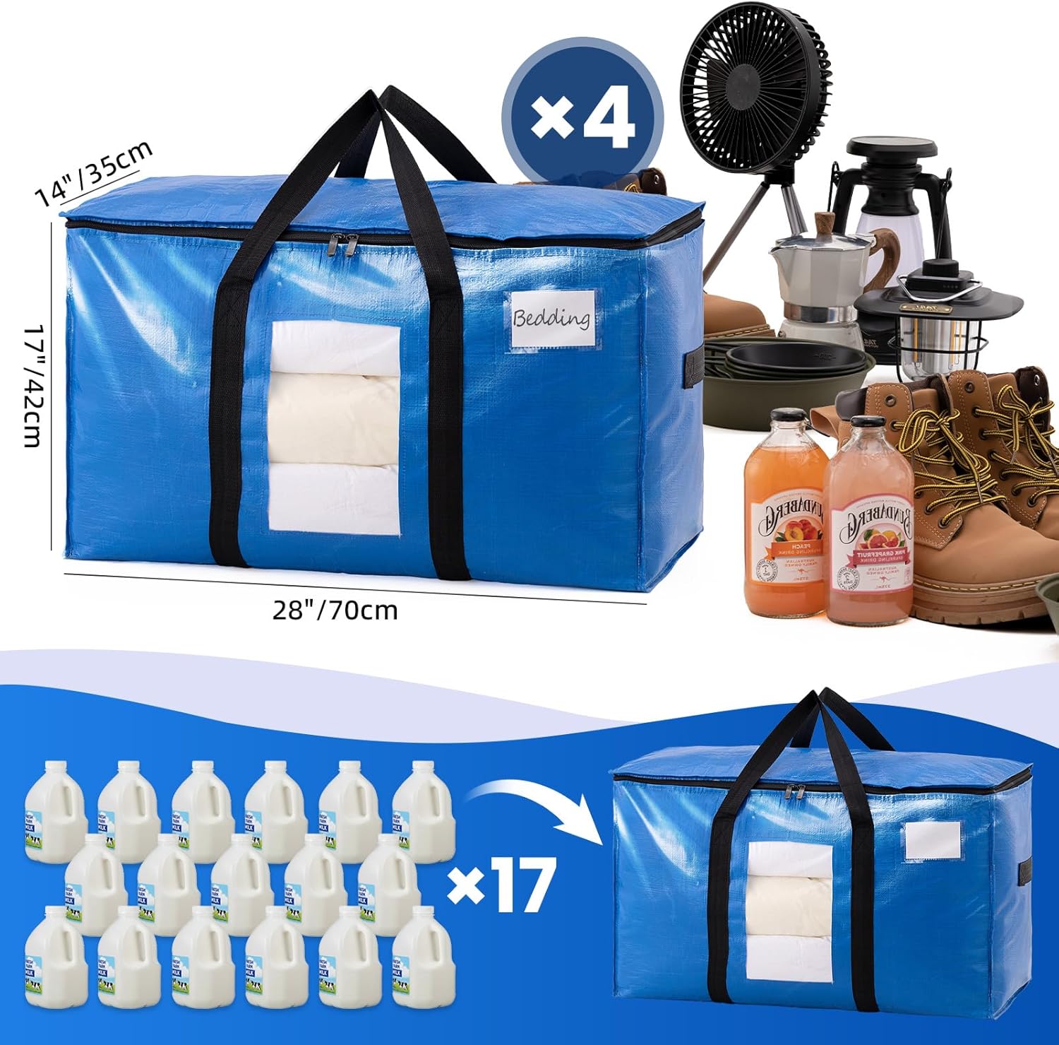 TAILI Extra Large Moving Bags, 4 Pack Blue Heavy Duty Totes For Storage with Visible Window, Wrap Around Handles, Storage Bags for Space Saving, Alternative to Moving Boxes