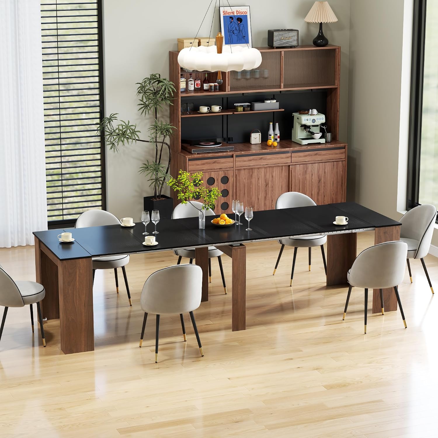 20"-118" Extendable Dining Table for 2-12 People, Modern Modular Extension Table, Space-Saving Extra Long Multifunctional Folding Dining Table, Walnut&Black