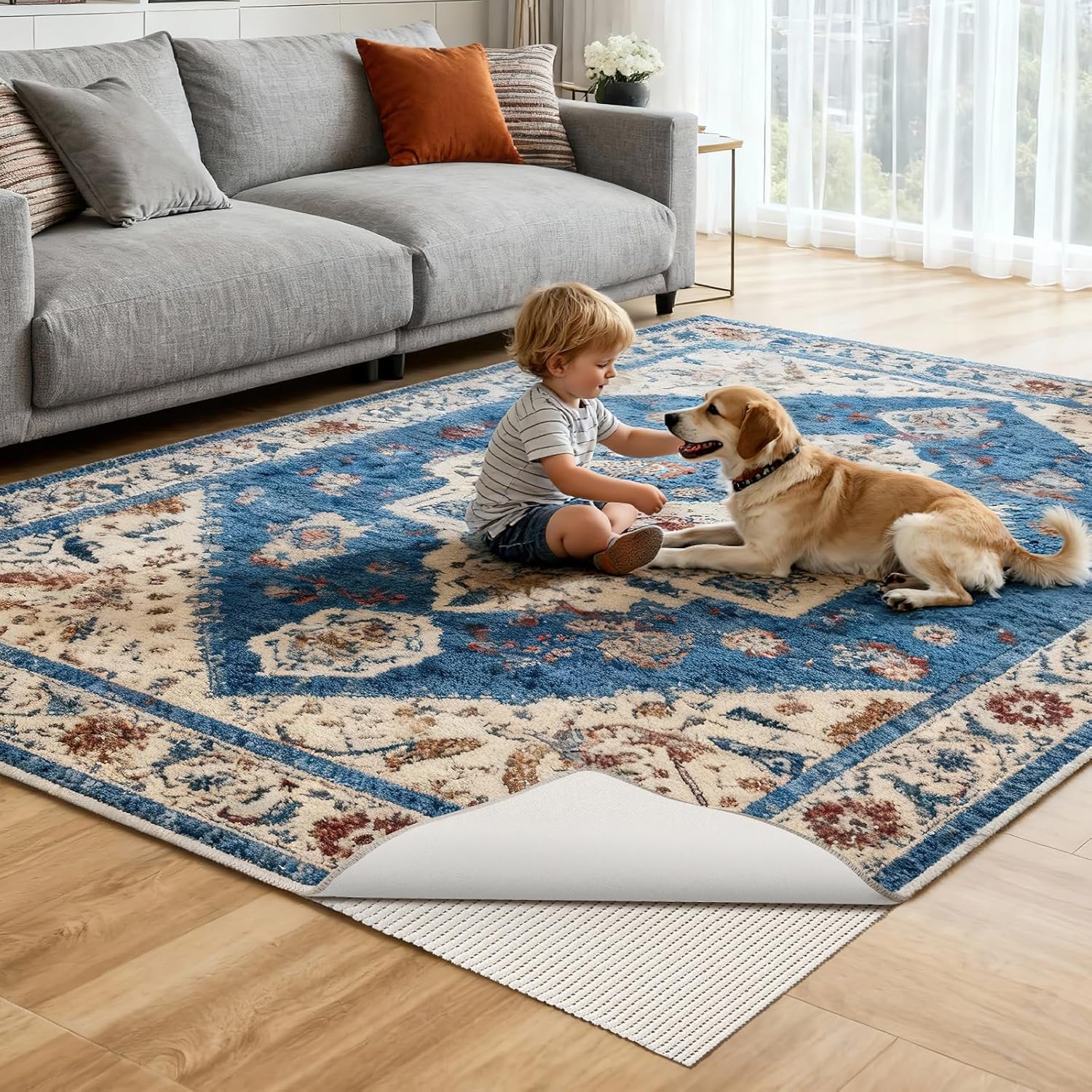 Songrey Non-Slip Rug Pad 5x7 FT, Extra Thick Carpet Pads for Hard Surfaces, Prevents Sliding and Secures Rugs, Provides Floor Protection with Comfort Cushioning