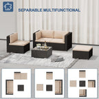 5 Pieces Outdoor Patio Furniture Sets, All Weather Wicker Rattan Sectional Patio Sofa, Outdoor Seating Sofas with Glass Table and Washable Cushion, Light Brown