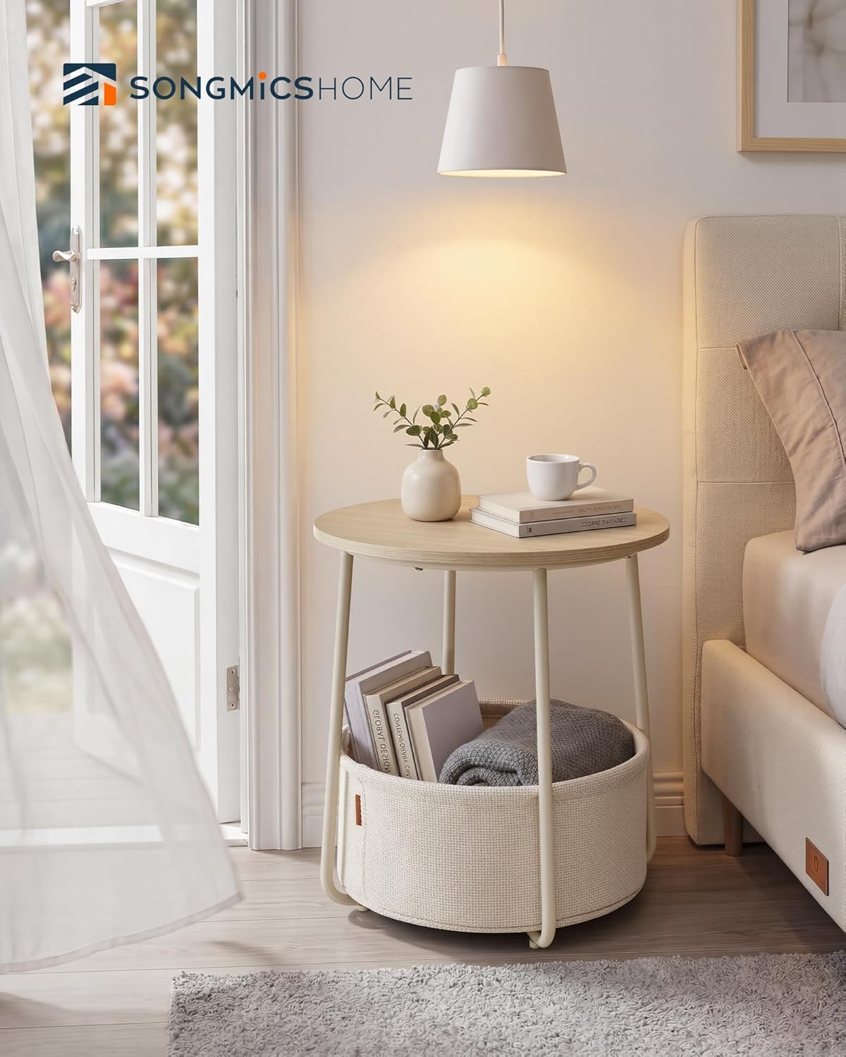 SONGMICS HOME Small Side Table, Round End Table, 2 Tier Nightstand with Basket, U Shaped Steel Legs, Easy Assembly, for Living Room, Bedroom, Beige and White