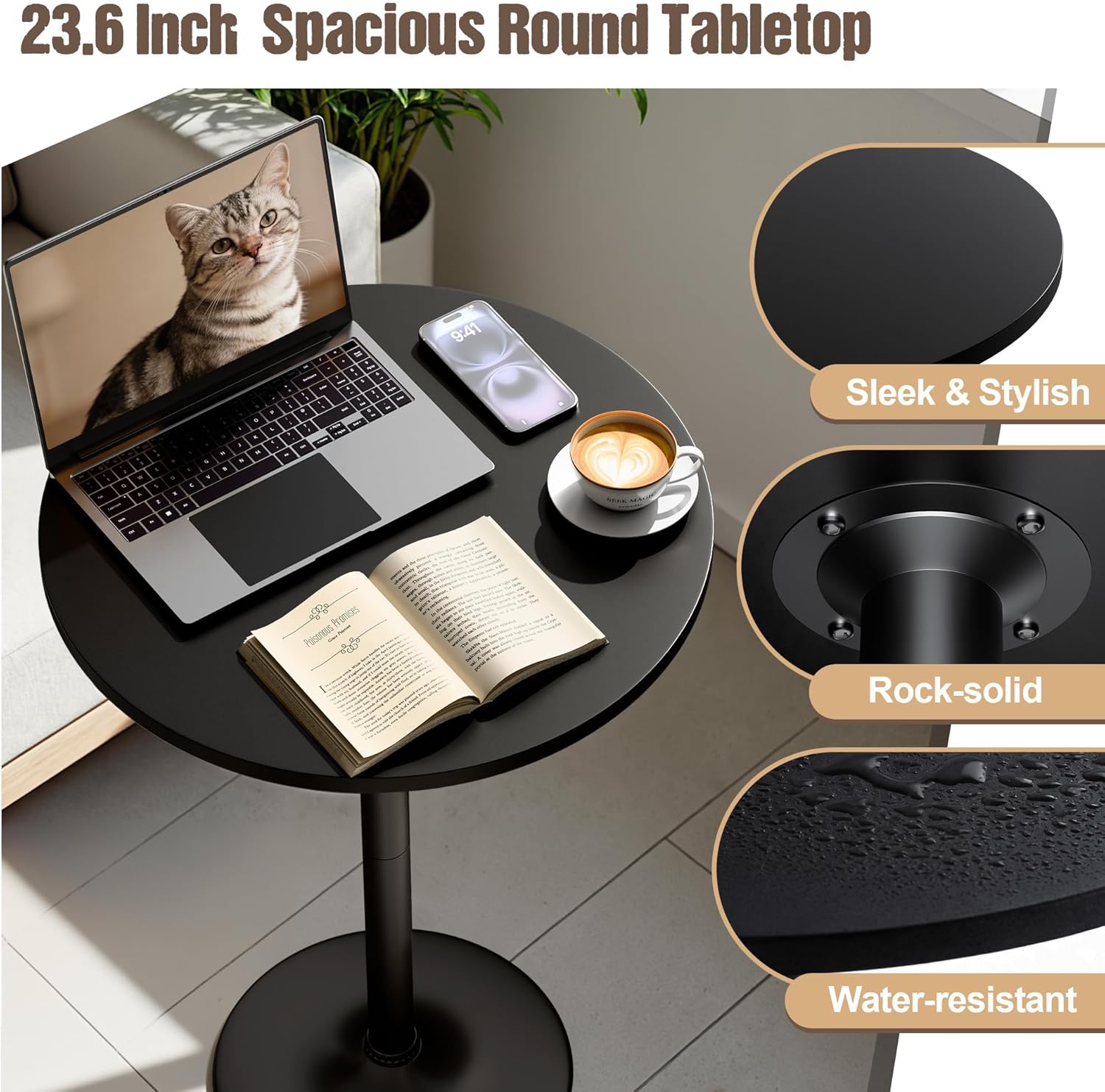 Furmax Bistro Pub Table Round Bar Height Cocktail Table for Home Bar, Round Bar Tables for Party, Dining Room, Living Room and Wedding, Metal Base MDF Top Obsidian, 40.6 Inch Height (1, Dark Black-1)