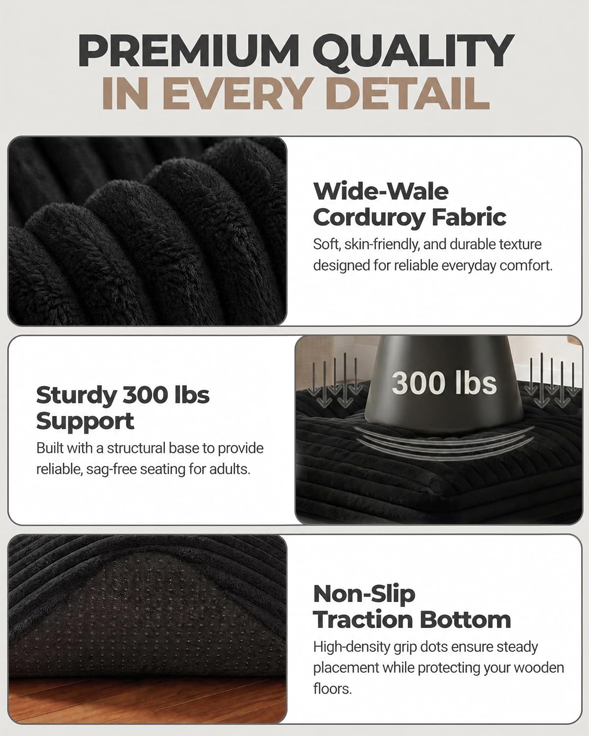 23.6in Pouf Ottoman, Corduroy Ottoman Foot Rest with Dual‑Layer Support, Large Poofy Pouf with Soft Chunk‑Foam Top & Firm Foam Base, Floor Foot Stool for Living Room, Black
