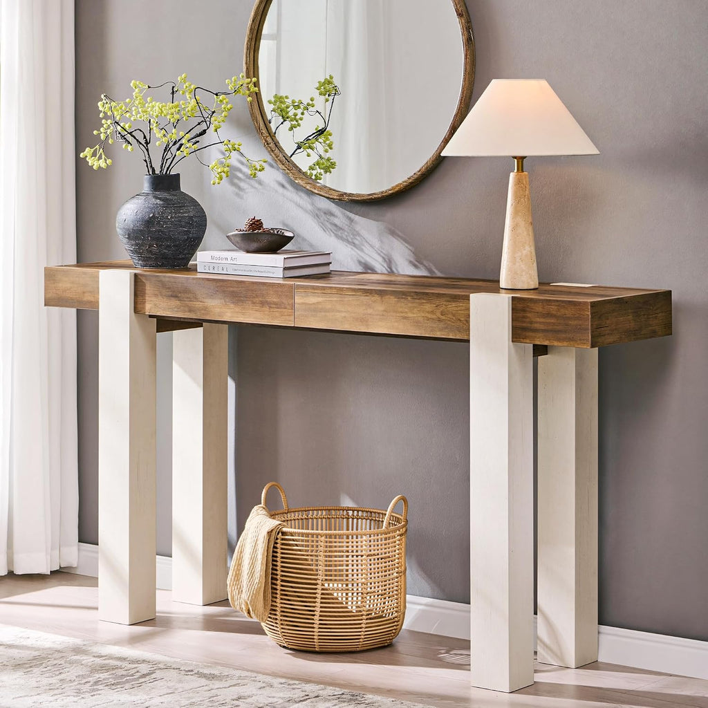 OKD Modern Farmhouse Entryway Table with 2 Drawers, 63" Wooden Console Table for Hallway, Sofa and Living Room, Antique White