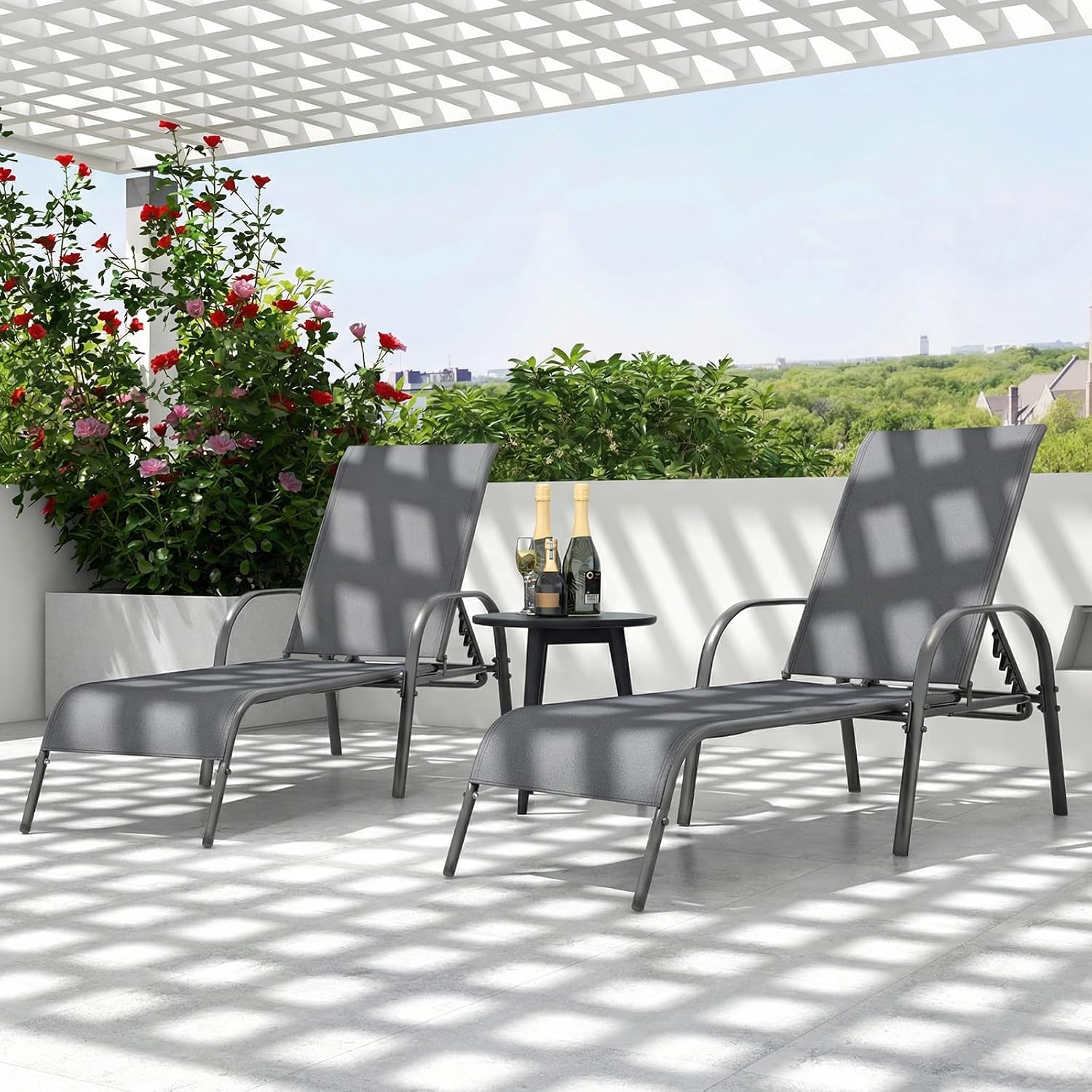 Tangkula Outdoor Lounge Chairs Set of 2, Patio Chaise Lounge with Adjustable Backrest, Reclining Pool Lounge Chairs for Outside with Heavy Duty Steel Frame for Beach, Yard, Balcony, Poolside
