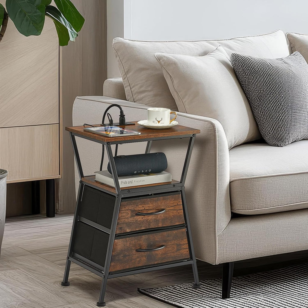 Nightstand with Charging Station, Side Tables for Bedroom with Built-in USB Side Table with 2 USB Ports and Outlets Nightstand with Cloth Drawer End Tables Living Room Sofa Couch